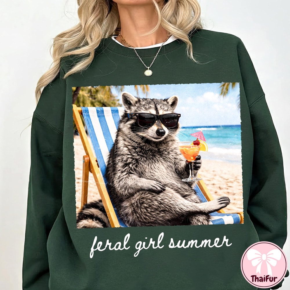 Feral Girl Summer Shirt Funny Raccoon Beach Graphic Tee Summer Vibes Gift 4