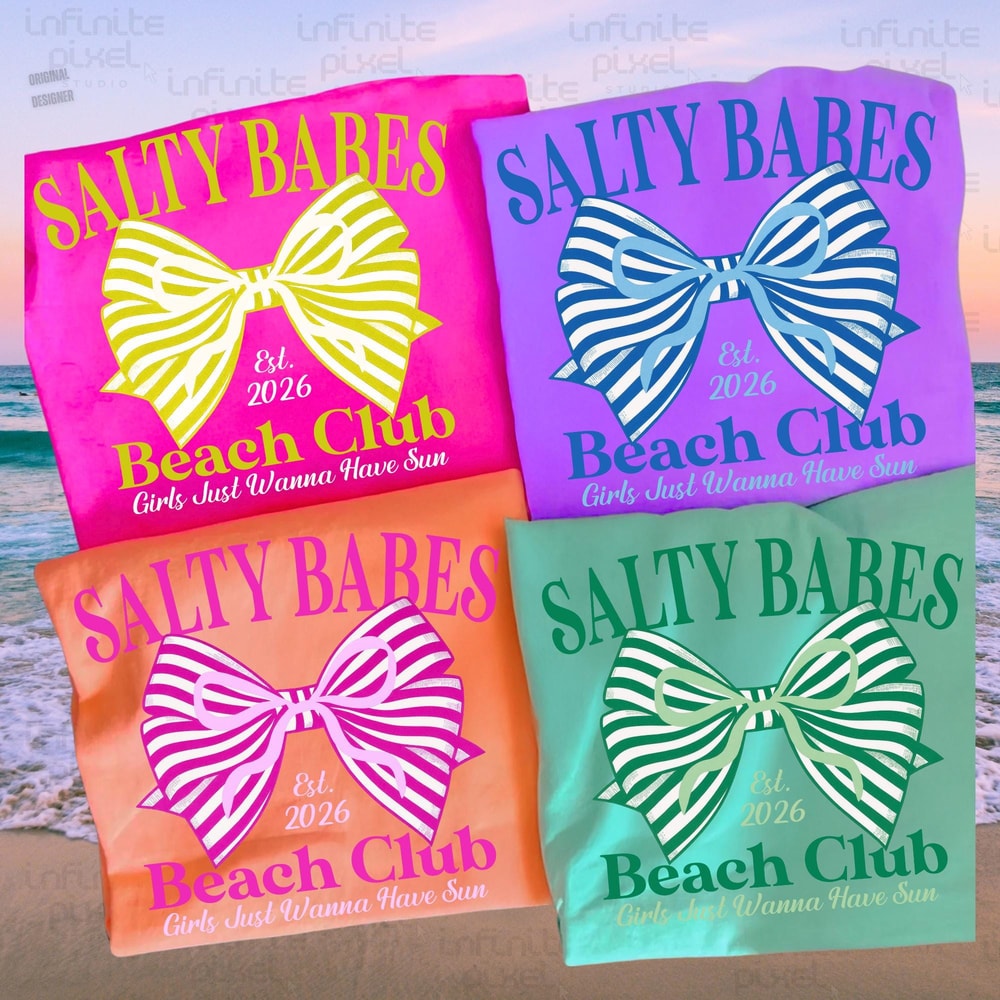 Salty Babes Beach Club Shirt Bow Graphic Summer Beach Vacation Tee 0