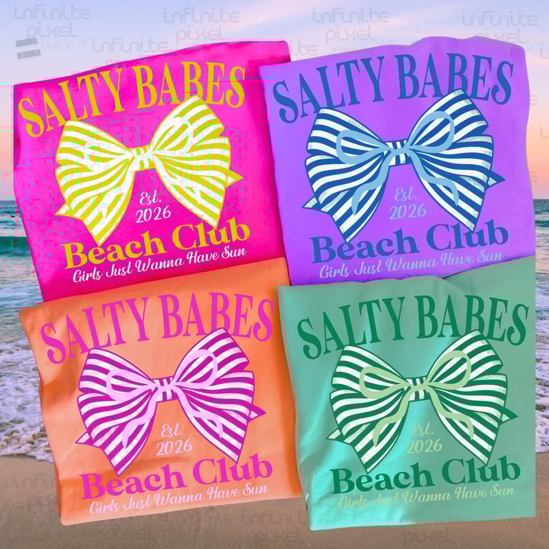 Salty Babes Beach Club Shirt Bow Graphic Summer Beach Vacation Tee 0