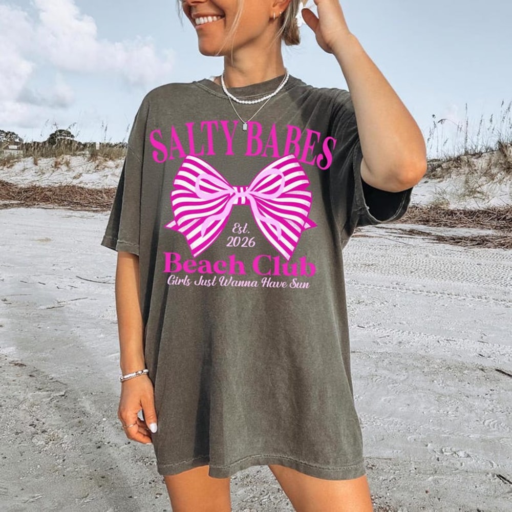 Salty Babes Beach Club Shirt Bow Graphic Summer Beach Vacation Tee 3