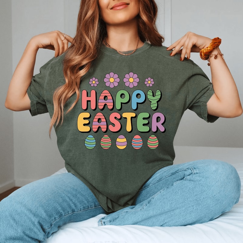 Easter Vibes Bunny Eggs Shirt Pastel Floral Spring Graphic Tee Cute Easter Outfit For Women 0