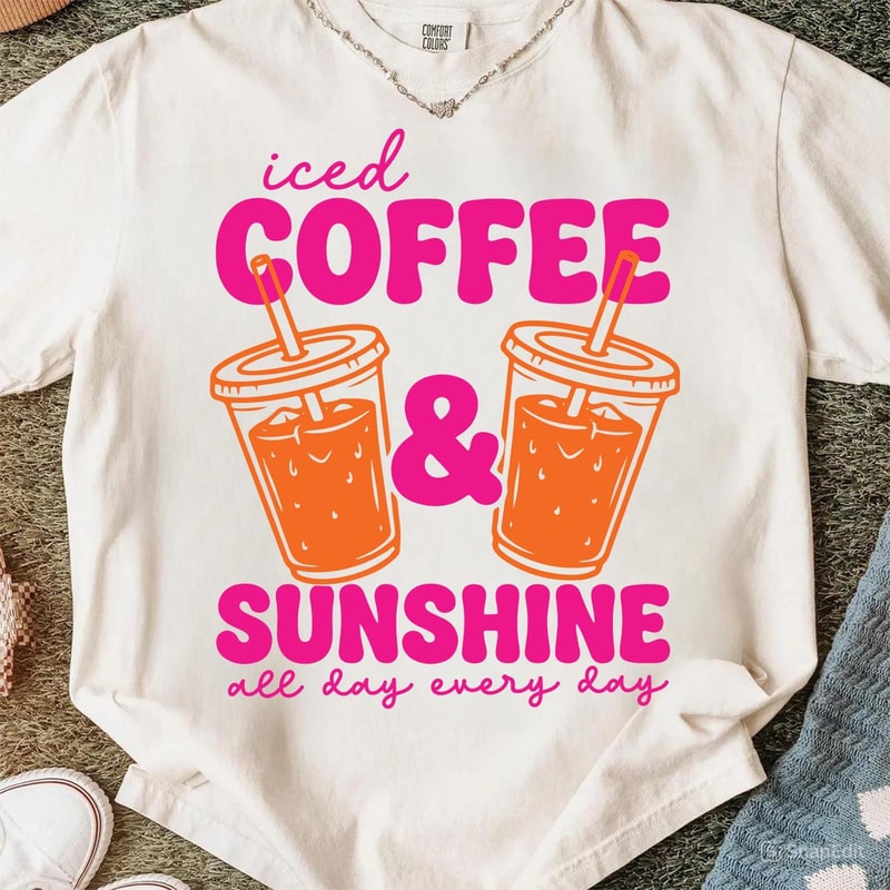 Iced Coffee And Sunshine Shirt Cute Coffee Lover Summer Graphic Tee Gift 4