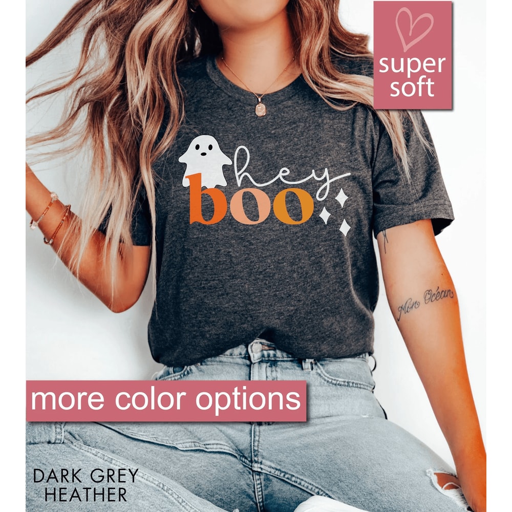 Hey Boo Ghost Halloween Shirt Cute Spooky Graphic Tee Funny Halloween Costume Top 0