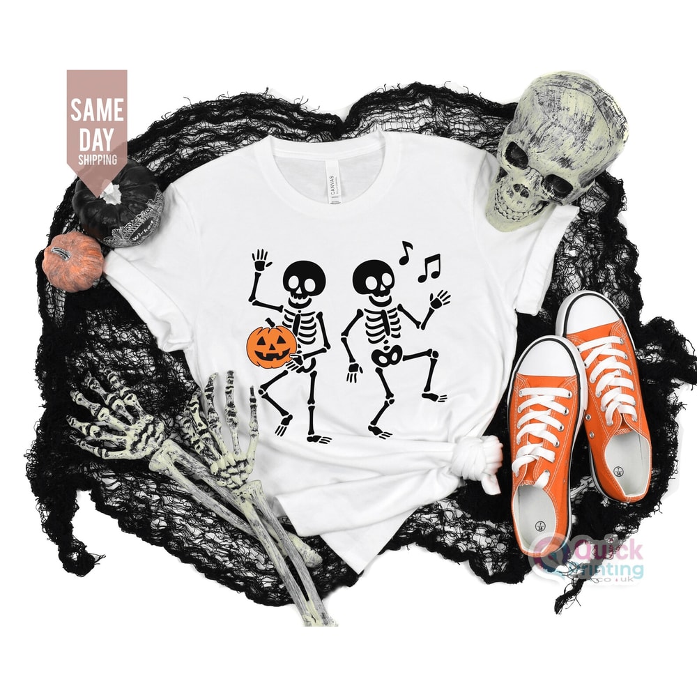 Kids Dancing Skeleton Halloween Shirt Cute Spooky Skeleton Graphic Tee Soft Cotton Kids Outfit 2