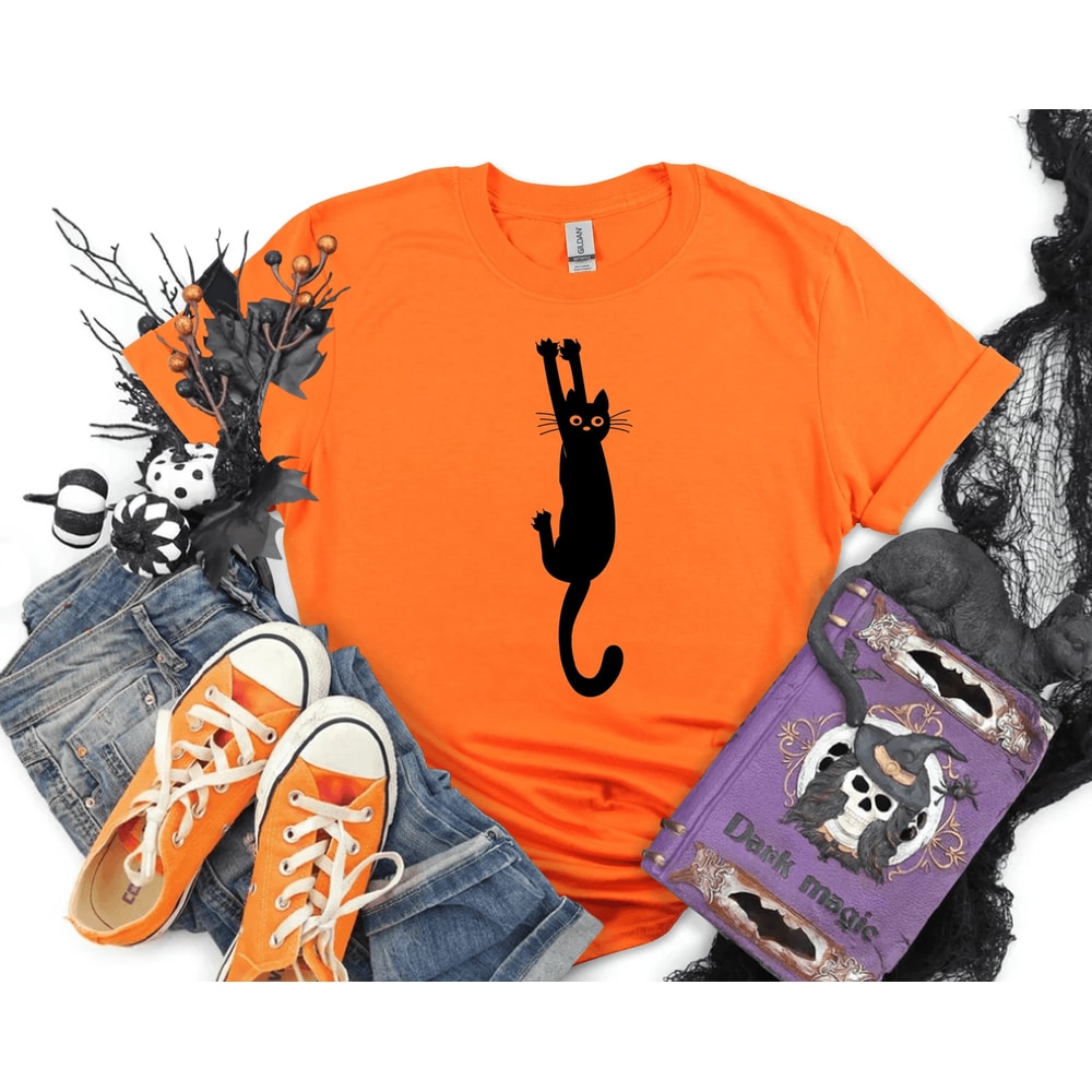 Black Cat Halloween Shirt Funny Spooky Cat Graphic Tee Cute Halloween Costume Top 0