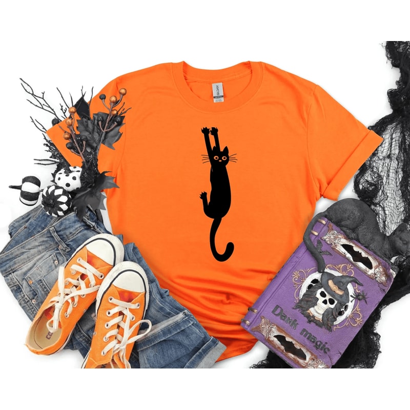 Black Cat Halloween Shirt Funny Spooky Cat Graphic Tee Cute Halloween Costume Top 0