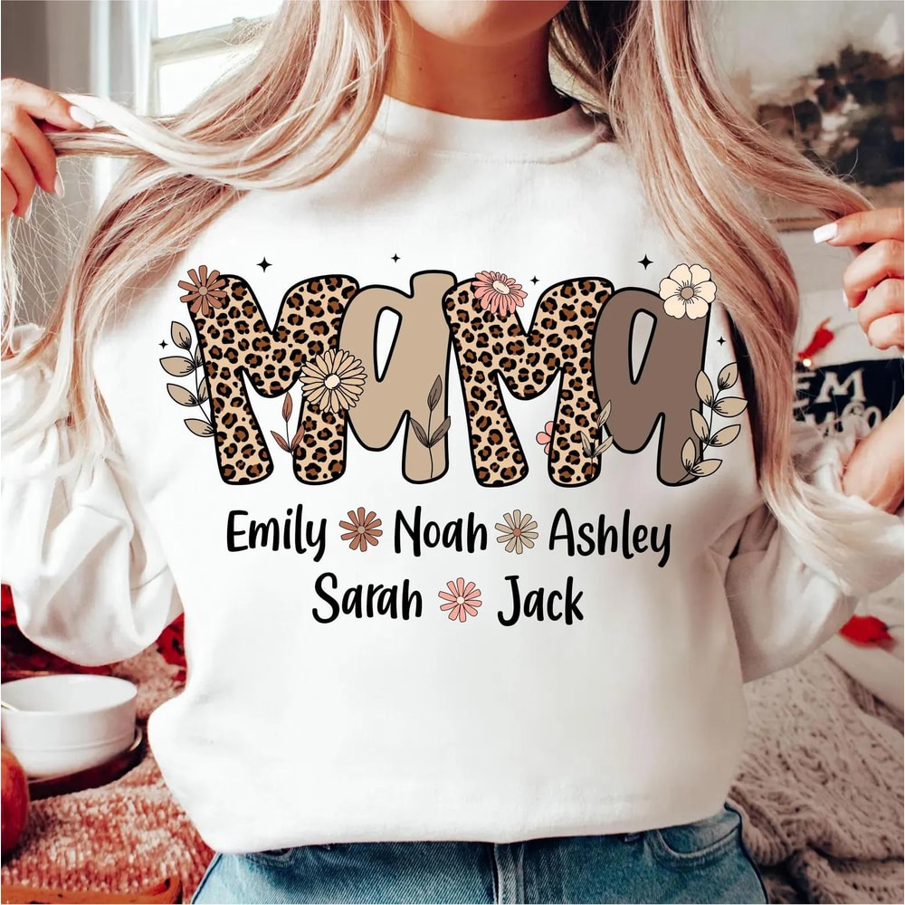 Personalized Mama Leopard Print Sweatshirt With Kids Names Custom Mom Pullover Gift 3