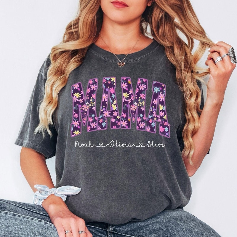 Personalized Mama Floral Print Shirt Custom Mom Name Graphic Tee Cute Everyday TShirt 4