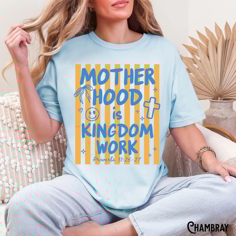 Christian Mom TShirt Unisex GarmentDyed Tee Motherhood Is Kingdom Work Mama Gift Stripes Preppy Coq 2