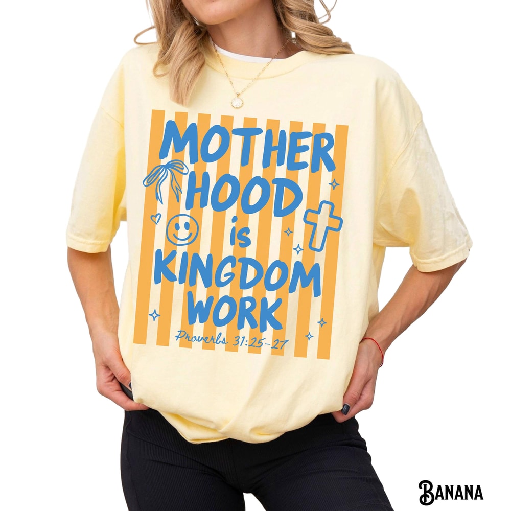 Christian Mom TShirt Unisex GarmentDyed Tee Motherhood Is Kingdom Work Mama Gift Stripes Preppy Coq 0