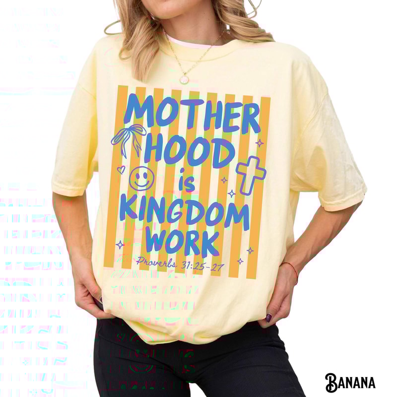 Christian Mom TShirt Unisex GarmentDyed Tee Motherhood Is Kingdom Work Mama Gift Stripes Preppy Coq 0