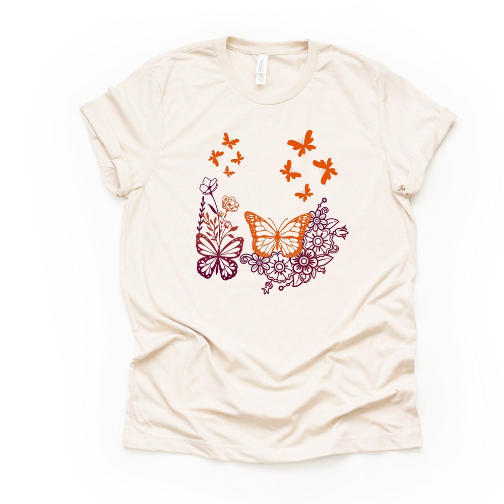 Butterfly Tee Orange Maroon Floral Design Unisex Bella Canvas Shirt 2