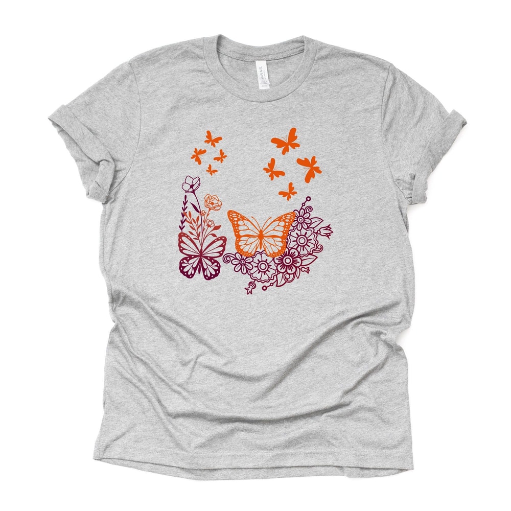 Butterfly Tee Orange Maroon Floral Design Unisex Bella Canvas Shirt 0