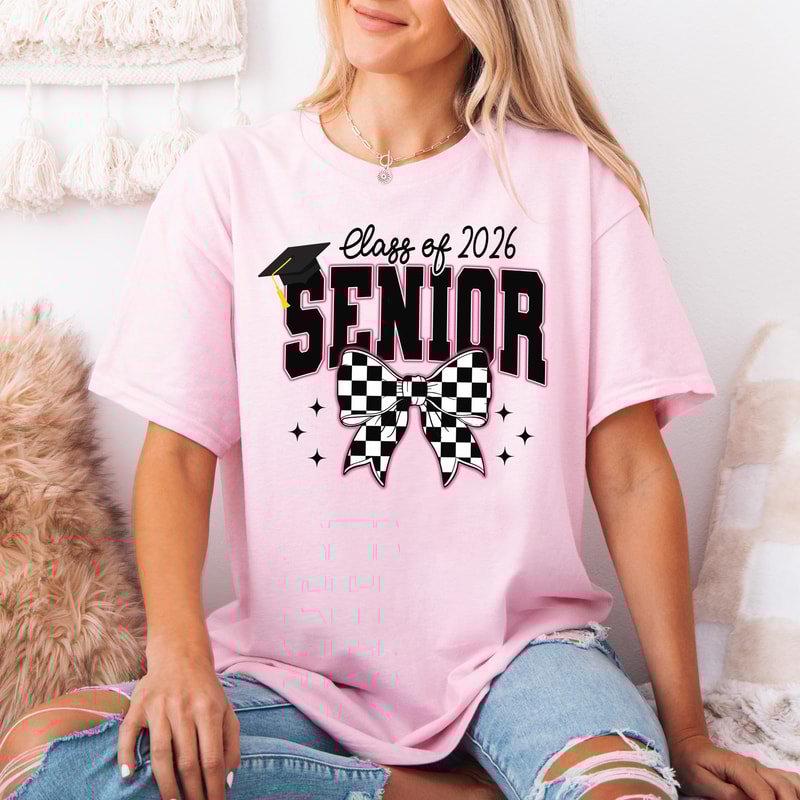 Class Of 2026 Senior Shirt Checkered Bow Graphic Tee Trendy Graduation TShirt Casual Womens Top 1