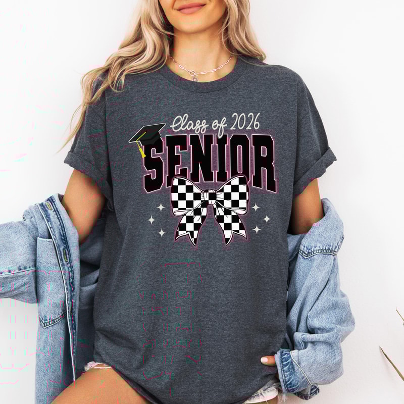 Class Of 2026 Senior Shirt Checkered Bow Graphic Tee Trendy Graduation TShirt Casual Womens Top 2