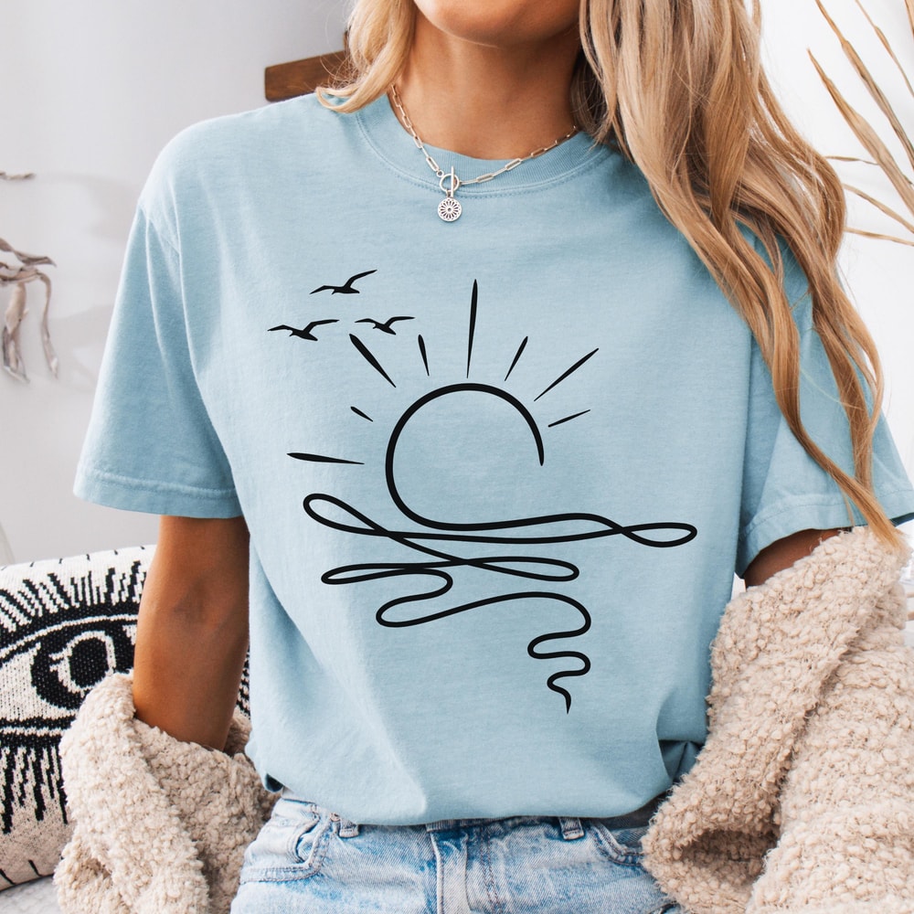 Sun Ocean Shirt Linear Graphic Boho Summer T Shirt Trendy Beach Tee Cute Minimalist Summer Tee 2