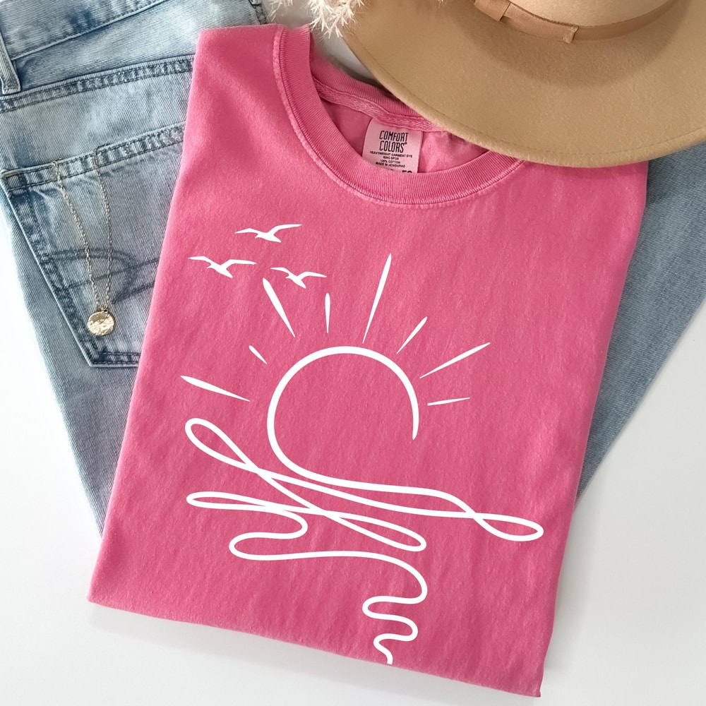 Sun Ocean Shirt Linear Graphic Boho Summer T Shirt Trendy Beach Tee Cute Minimalist Summer Tee 0