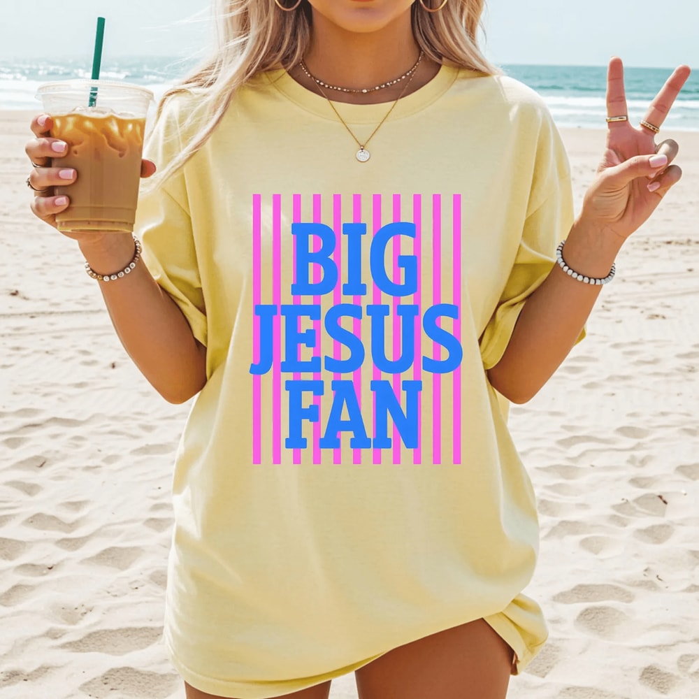 Big Jesus Fan Shirt Comfort Colors Preppy Striped Christian Coquette Faith Tee 0