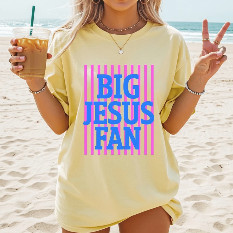 Big Jesus Fan Shirt Comfort Colors Preppy Striped Christian Coquette Faith Tee 0