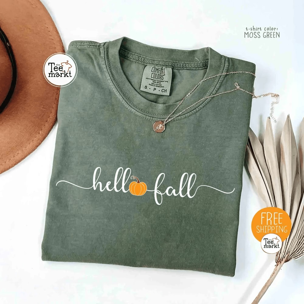 Hello Fall Pumpkin Shirt Comfort Colors Tee Minimalist Autumn Shirt Women 0