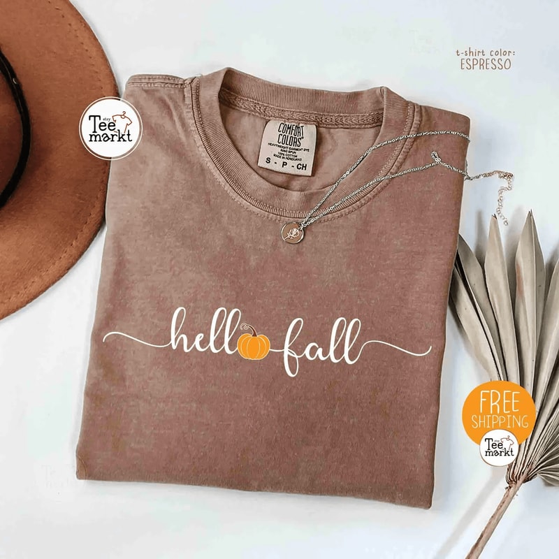 Hello Fall Pumpkin Shirt Comfort Colors Tee Minimalist Autumn Shirt Women 1