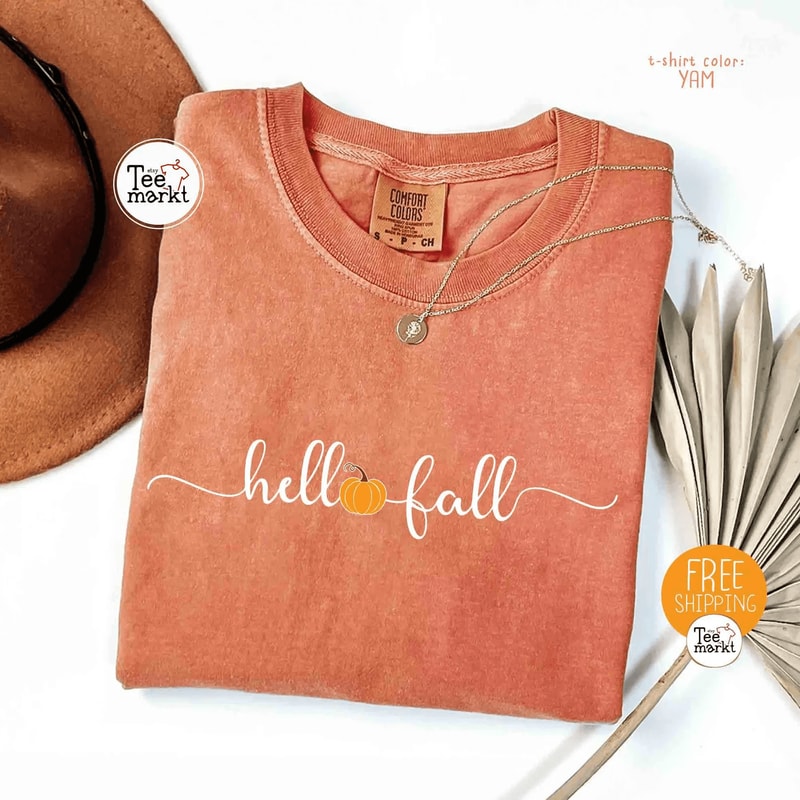 Hello Fall Pumpkin Shirt Comfort Colors Tee Minimalist Autumn Shirt Women 3