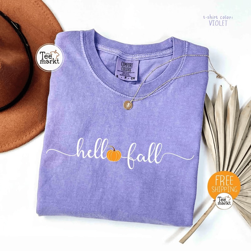 Hello Fall Pumpkin Shirt Comfort Colors Tee Minimalist Autumn Shirt Women 4