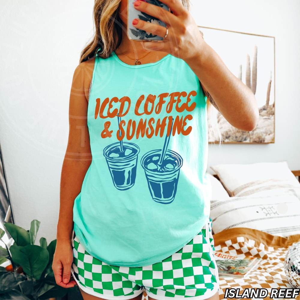 Iced Coffee And Sunshine Tank Top Iced Coffee Shirt Coffee Lover Gift Summer Tank Top Summer Vibes 3