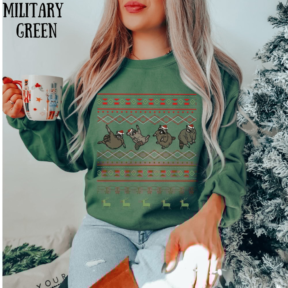 Funny Raccoon Ugly Christmas Sweatshirt Festive Holiday Crewneck Sweater 3