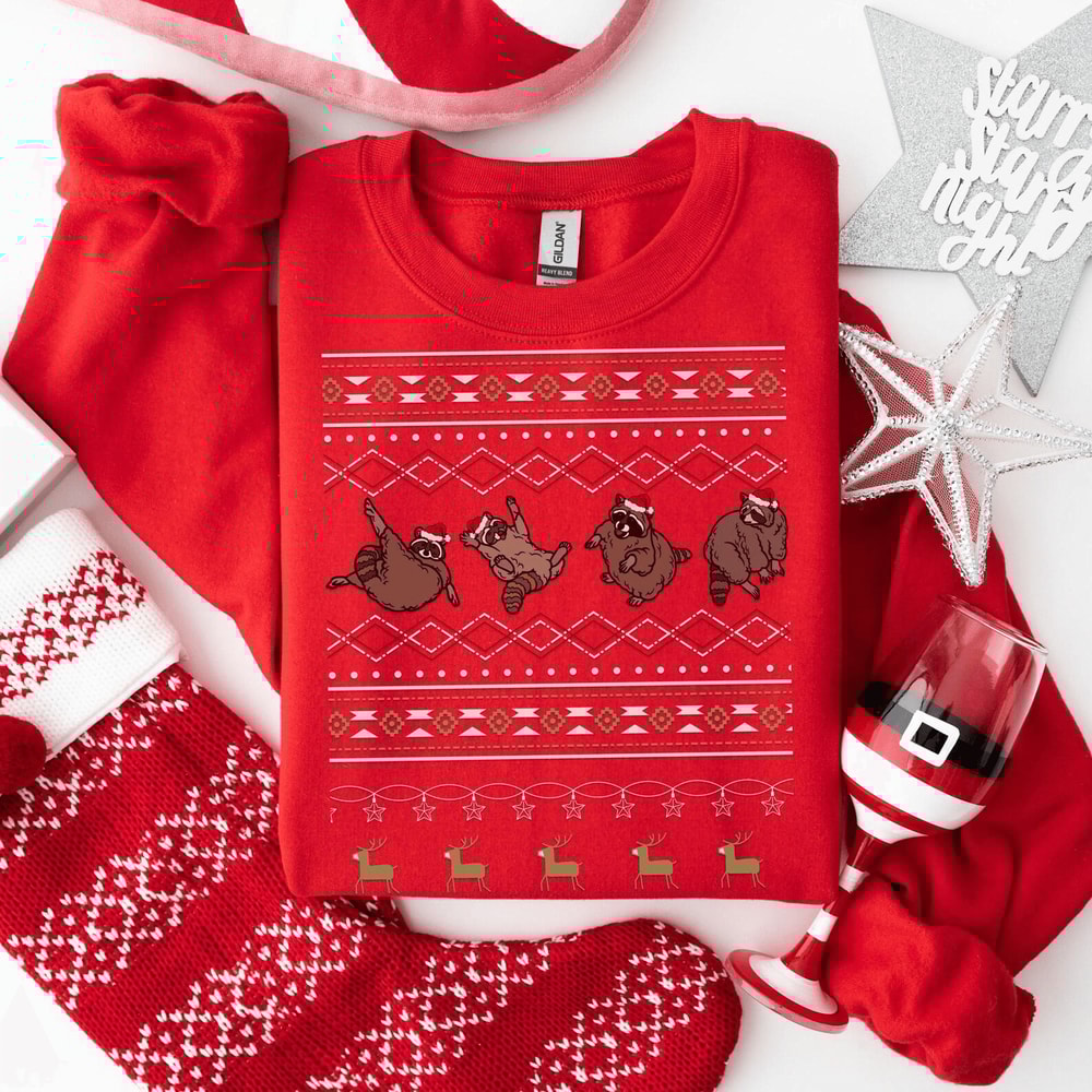 Funny Raccoon Ugly Christmas Sweatshirt Festive Holiday Crewneck Sweater 4