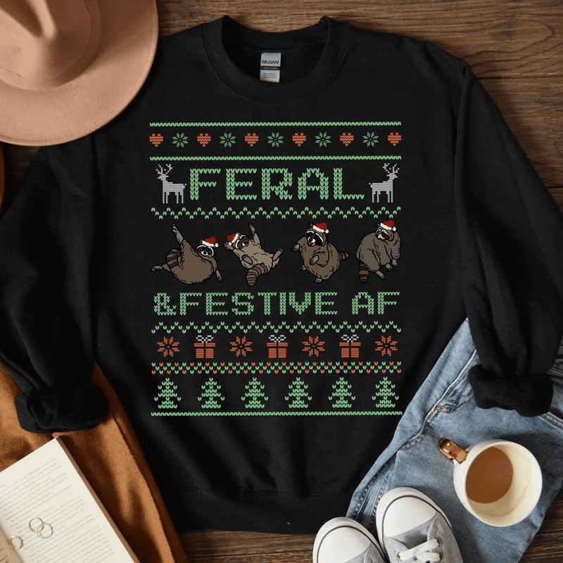 Funny Christmas Raccoon Sweatshirt Cute Ugly Christmas Sweater Festive Holiday Shirt 1