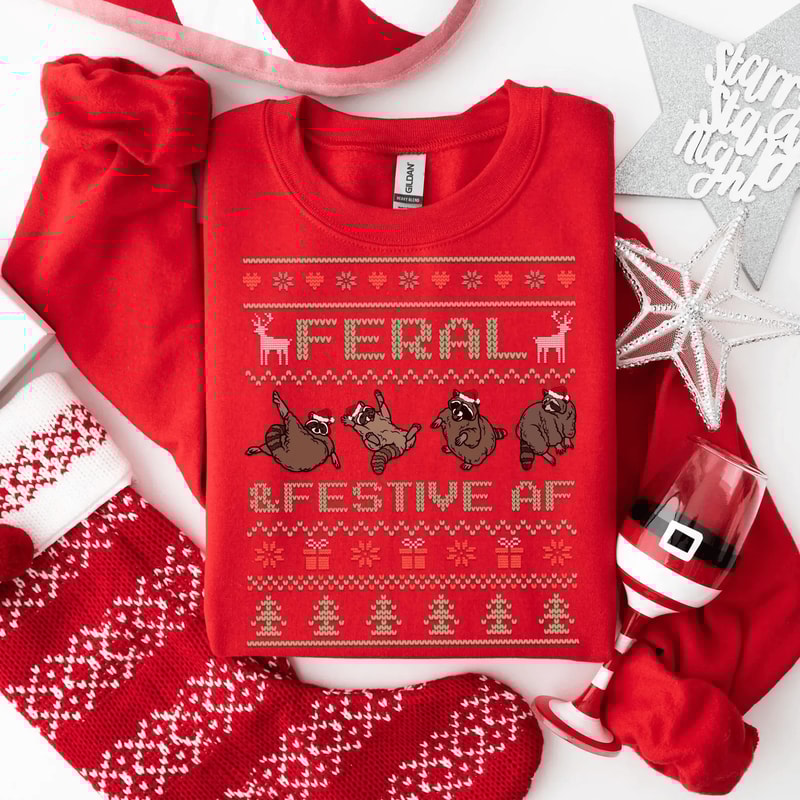 Funny Christmas Raccoon Sweatshirt Cute Ugly Christmas Sweater Festive Holiday Shirt 5