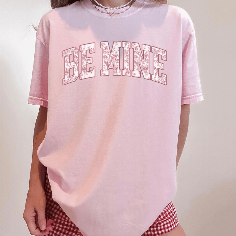 Retro Be Mine Valentine Shirt With Pink Bow Toile Print Cute Romantic Gift Tee 0