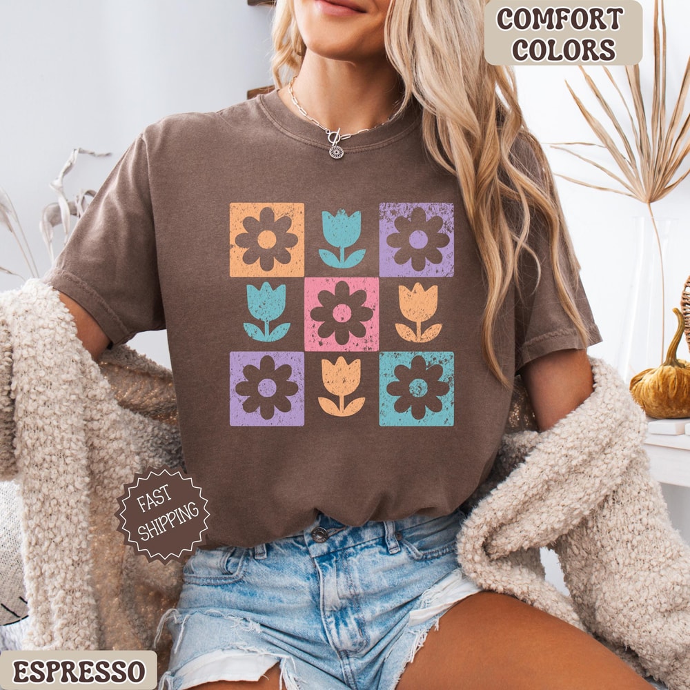 Retro Floral Shirt Vintage Flower Graphic Tee Cottagecore Aesthetic Shirt Trendy Spring Summer Top 0