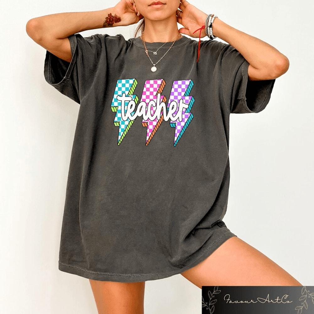 Comfort Colors Lightning Bolt Teacher Shirt Checkered Back To School Teacher Life Tee 1