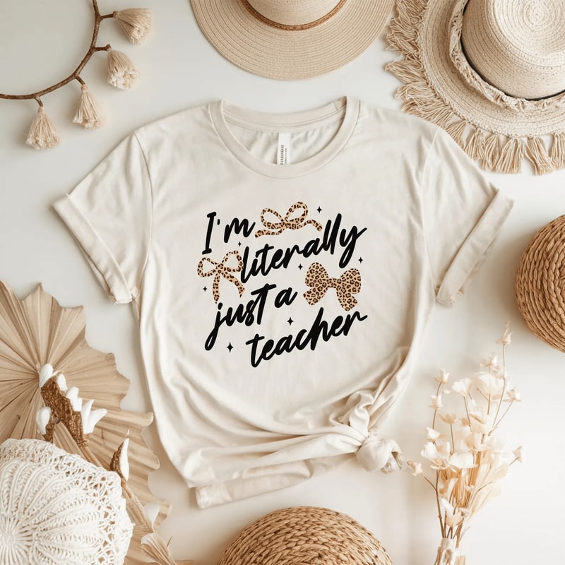 Comfort Colors Im Literally Just A Teacher Shirt Funny Leopard Bow Teacher Appreciation Tee 1