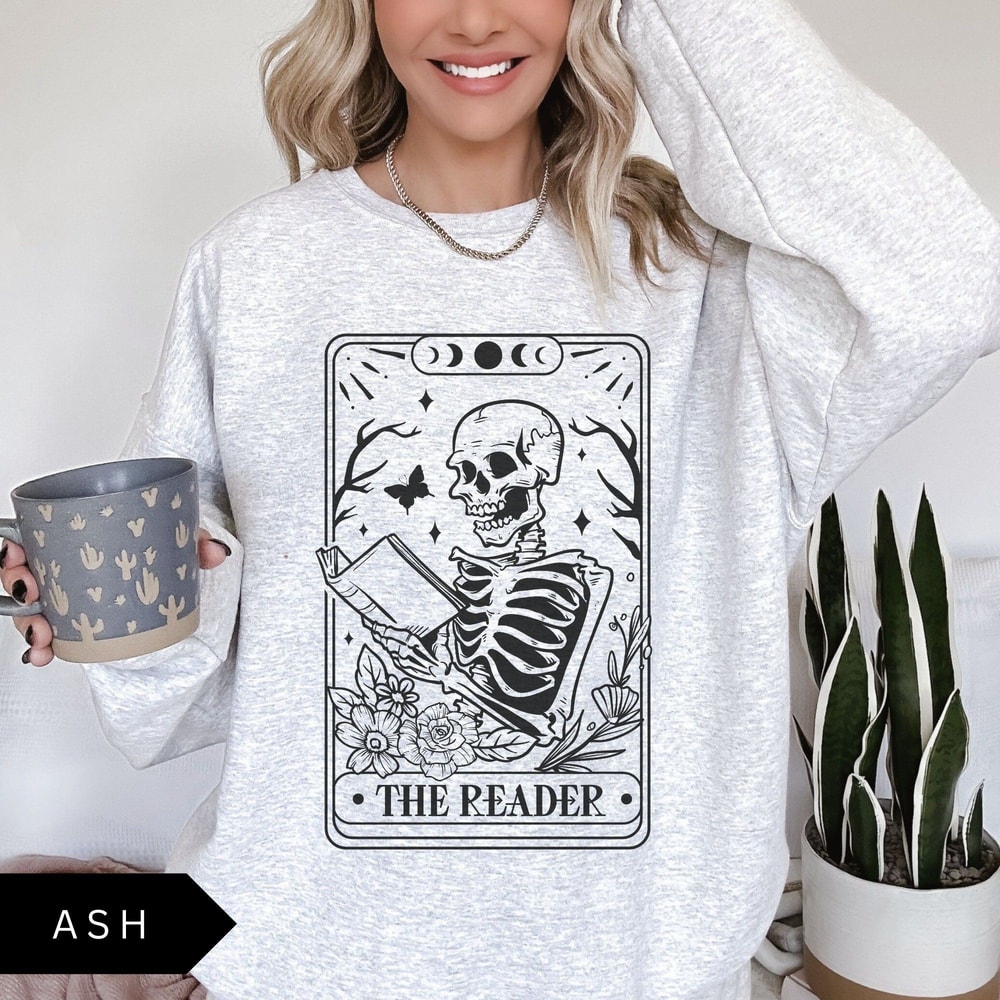 The Reader Tarot Card Sweatshirt Book Lover Gift Bookish Shirt Skeleton Reading Shirt Tarot Card Sw 2