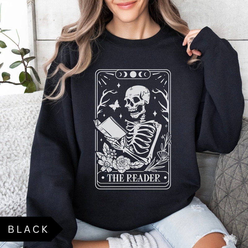The Reader Tarot Card Sweatshirt Book Lover Gift Bookish Shirt Skeleton Reading Shirt Tarot Card Sw 3