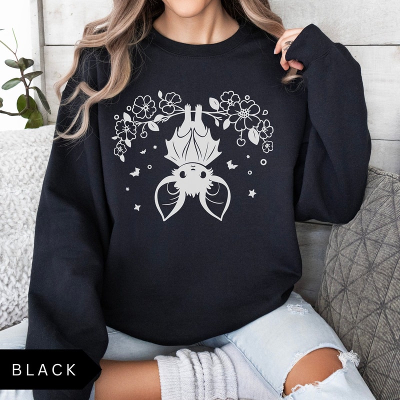 Bat Sweatshirt Cute Upside Down Bat Shirt Floral Bat Sweatshirt Womens Halloween Sweatshirt Trendy 0