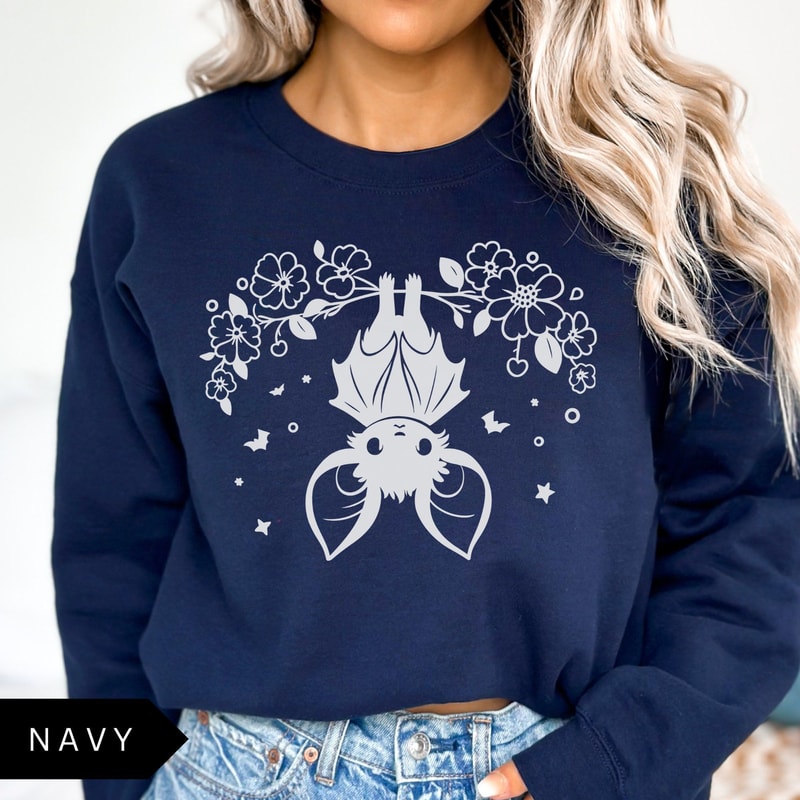 Bat Sweatshirt Cute Upside Down Bat Shirt Floral Bat Sweatshirt Womens Halloween Sweatshirt Trendy 2