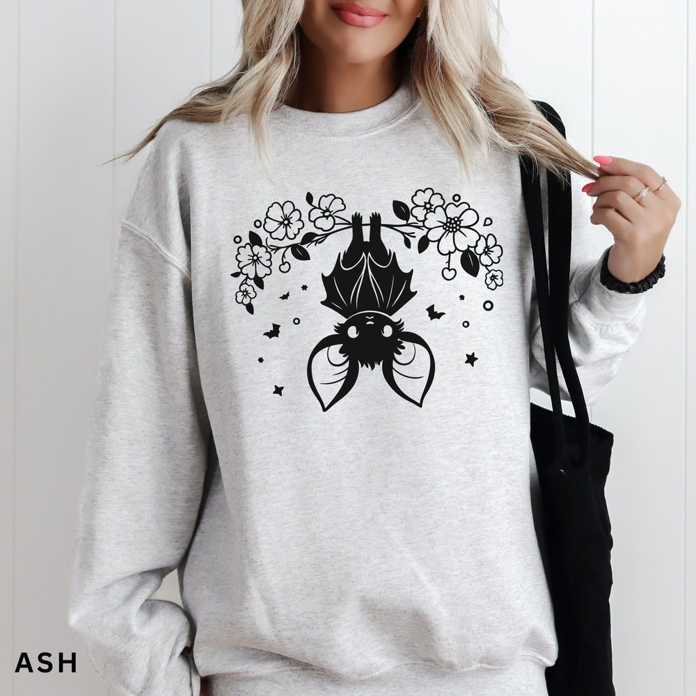 Bat Sweatshirt Cute Upside Down Bat Shirt Floral Bat Sweatshirt Womens Halloween Sweatshirt Trendy 3