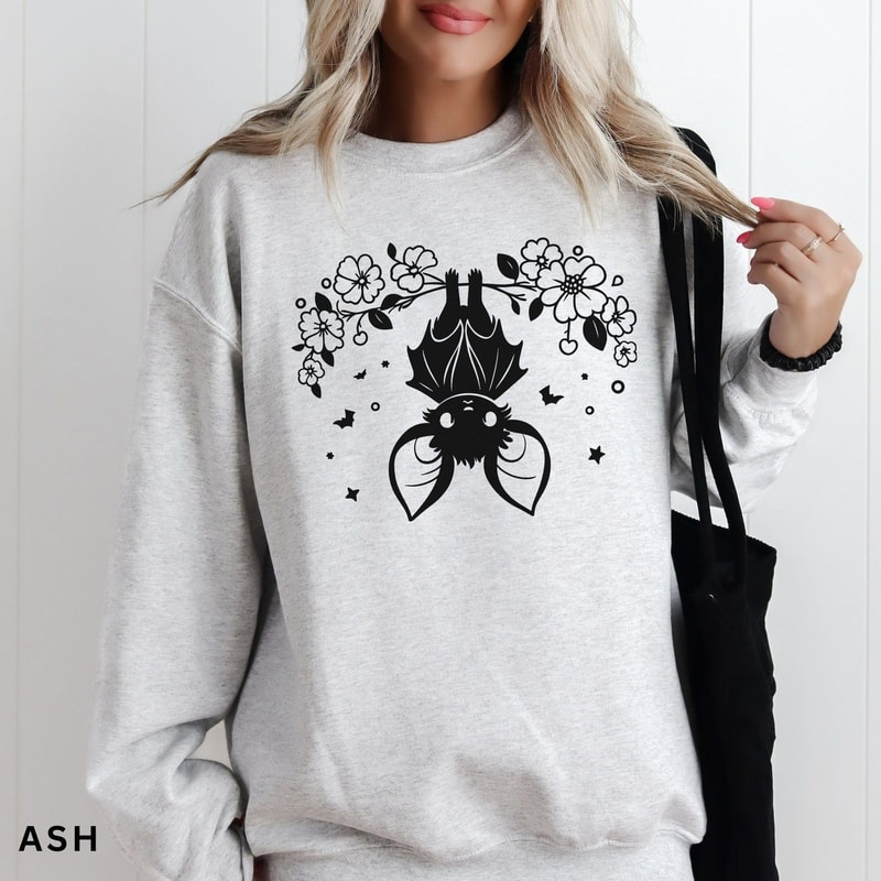 Bat Sweatshirt Cute Upside Down Bat Shirt Floral Bat Sweatshirt Womens Halloween Sweatshirt Trendy 3
