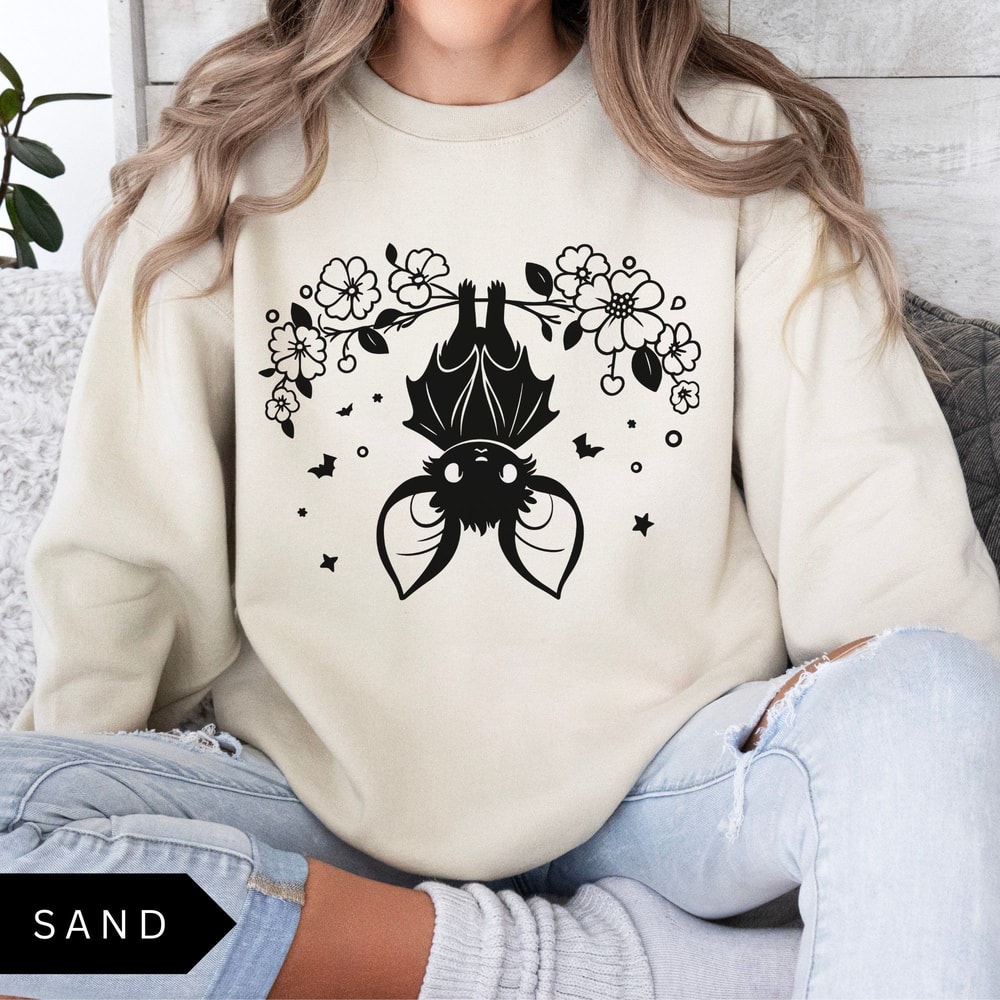 Bat Sweatshirt Cute Upside Down Bat Shirt Floral Bat Sweatshirt Womens Halloween Sweatshirt Trendy 4