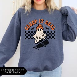 retro halloween creep it real sweatshirt, ghost skateboarding shirt, vintage women's halloween shirt, halloween aestheti