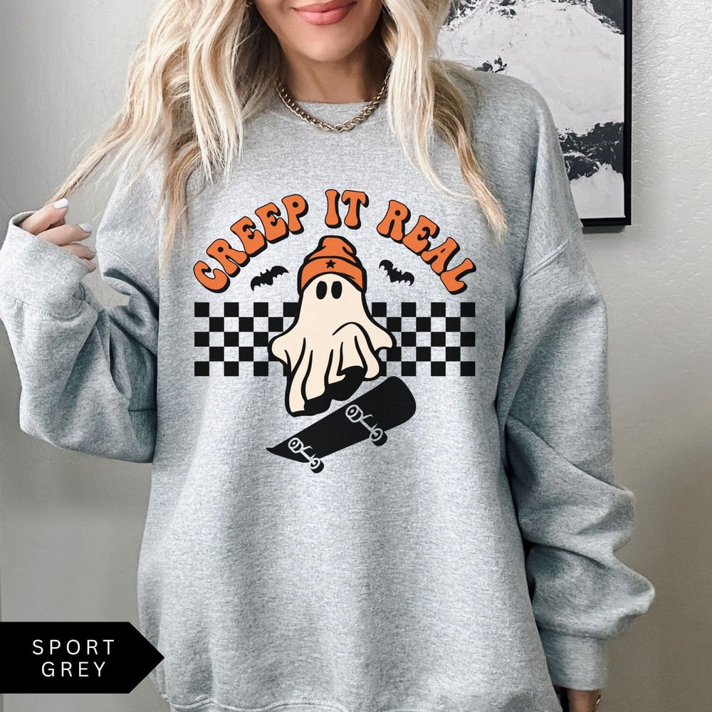 Retro Halloween Creep It Real Sweatshirt Ghost Skateboarding Shirt Vintage Womens Halloween Shirt H 2