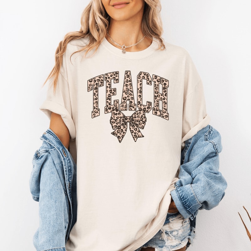 Comfort Colors Leopard Teach Shirt Varsity Teacher Shirt Cute Educator Tee 1