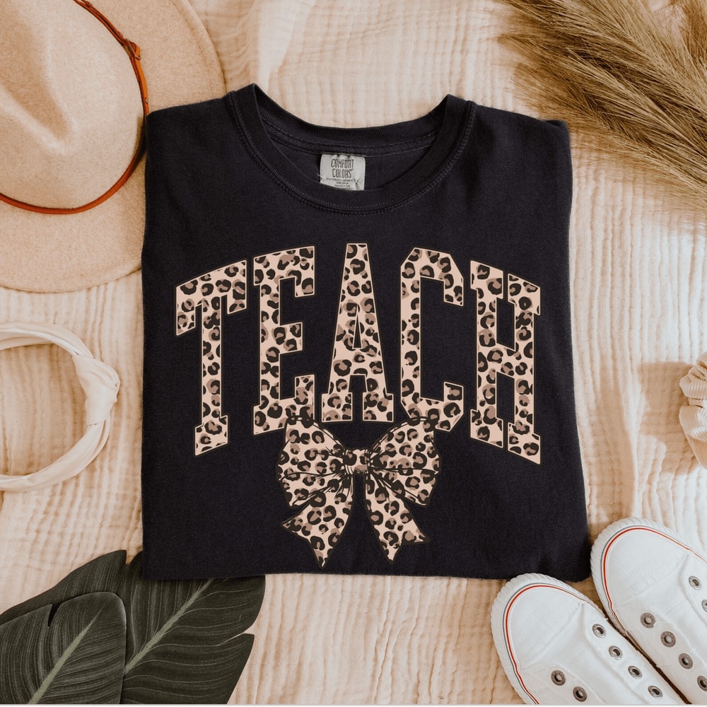 Comfort Colors Leopard Teach Shirt Varsity Teacher Shirt Cute Educator Tee 5