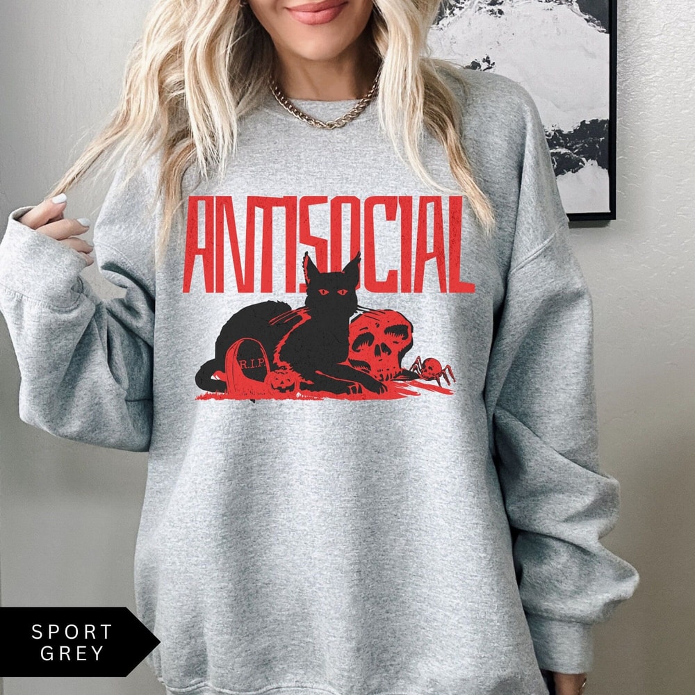 Antisocial Sweatshirt Retro Gothic Black Cat Shirt 0
