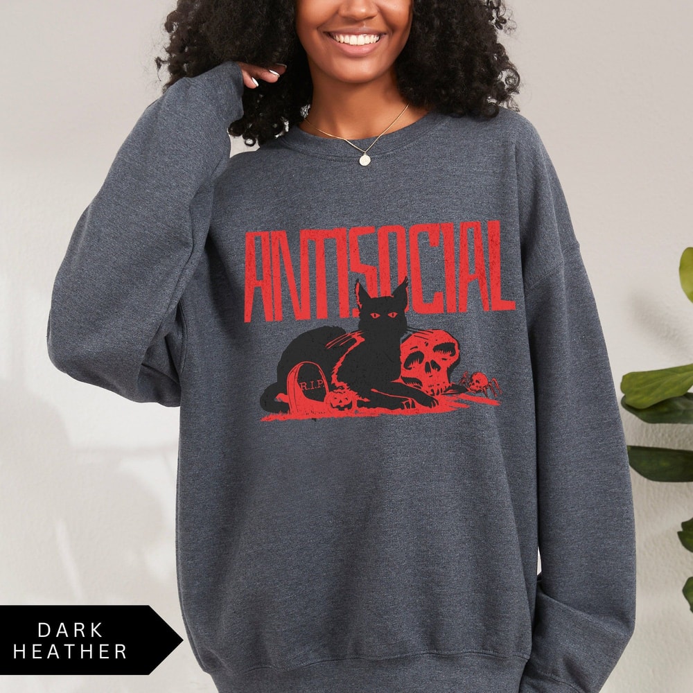 Antisocial Sweatshirt Retro Gothic Black Cat Shirt 1