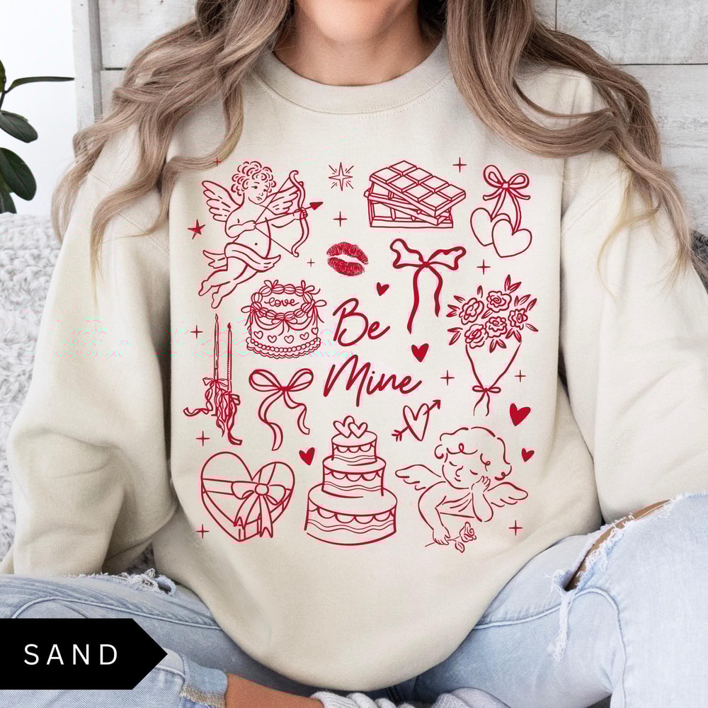 Be Mine Valentine Sweatshirt Vintage Valentines Shirt Womens Trendy Valentine Doodle Shirt 2